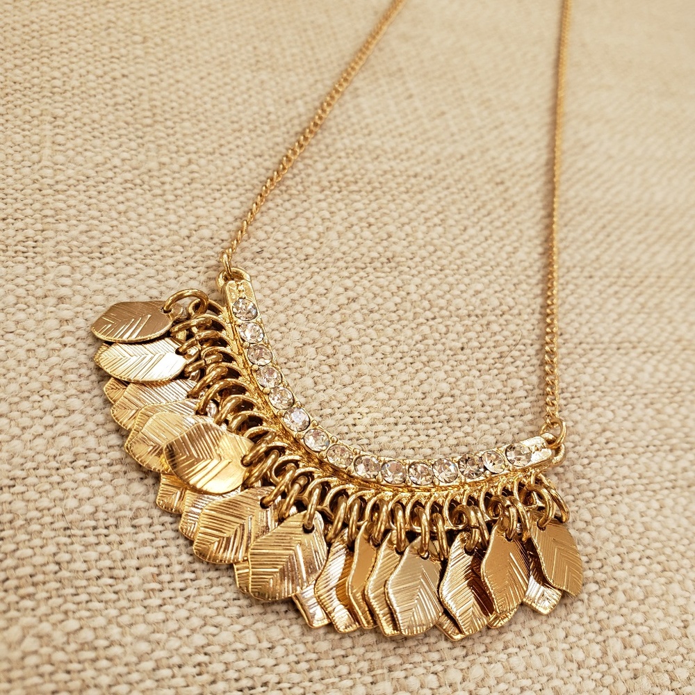 Gold Tone Rhinestone Bar Charm Dangle Necklace